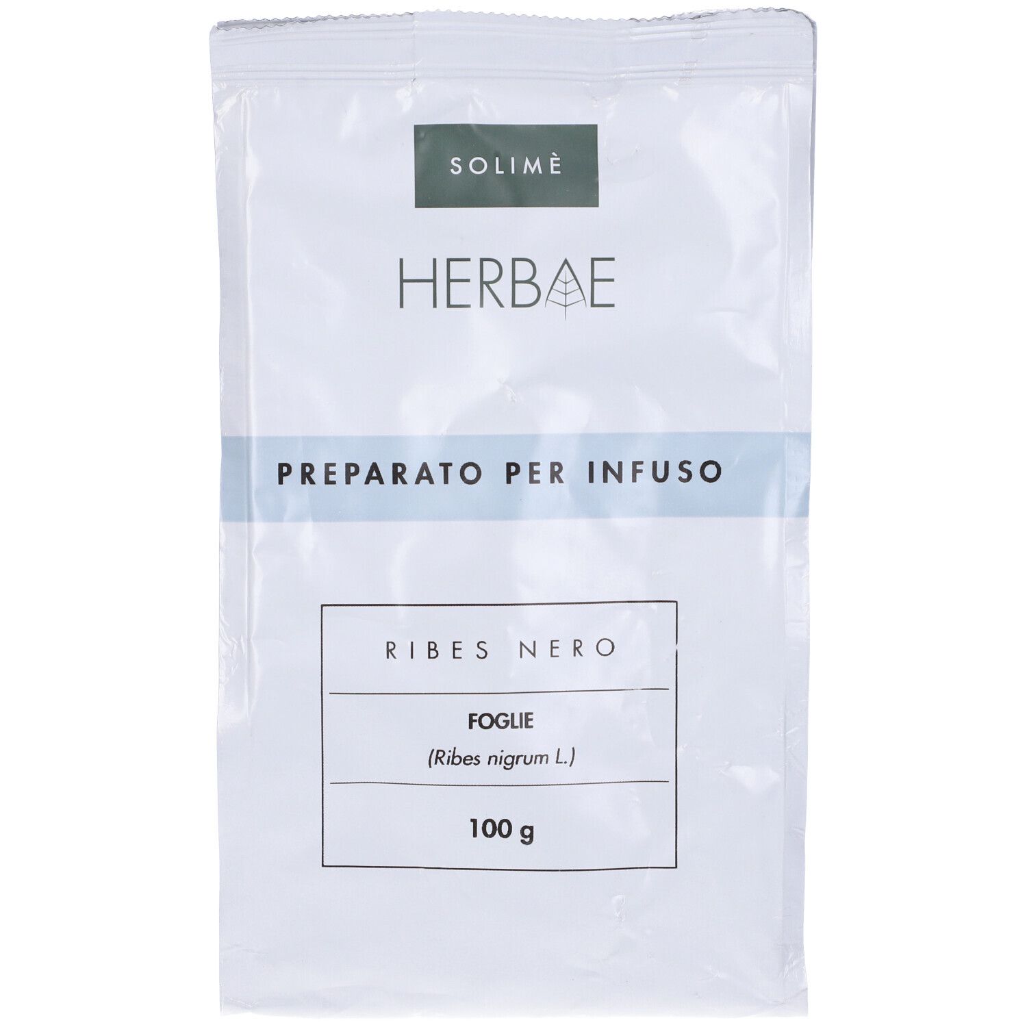 Busta con Ribes Nero. Marchio Herbae. Scritta 'Preparato per Infuso'.