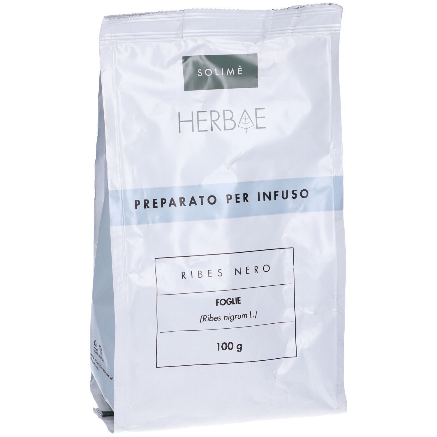 Busta con Ribes Nero. Marchio Herbae. Scritta 'Preparato per Infuso'.