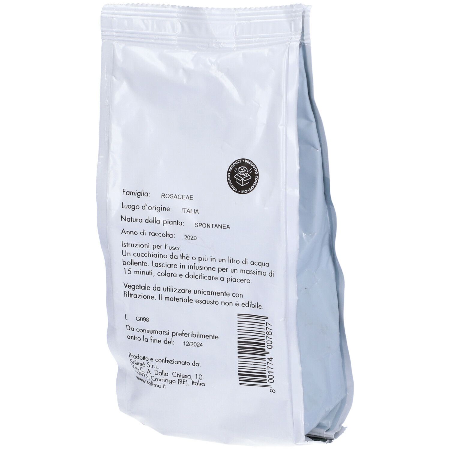 Retro della busta Solime' Rosa Canina Cinorr S/Semi. Testo: informazioni sull'uso, ingredienti, origine, durata e produttore.