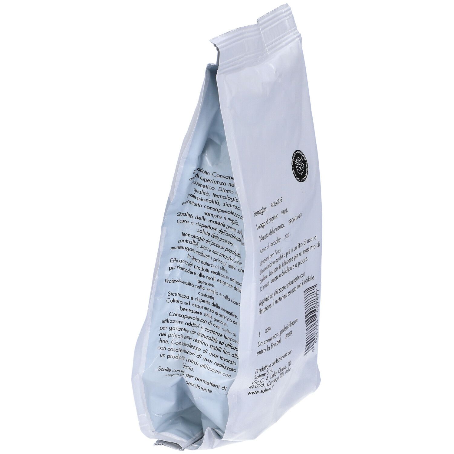 Retro della busta Solime' Rosa Canina Cinorr S/Semi. Testo: informazioni sull'uso, ingredienti, origine, durata e produttore.