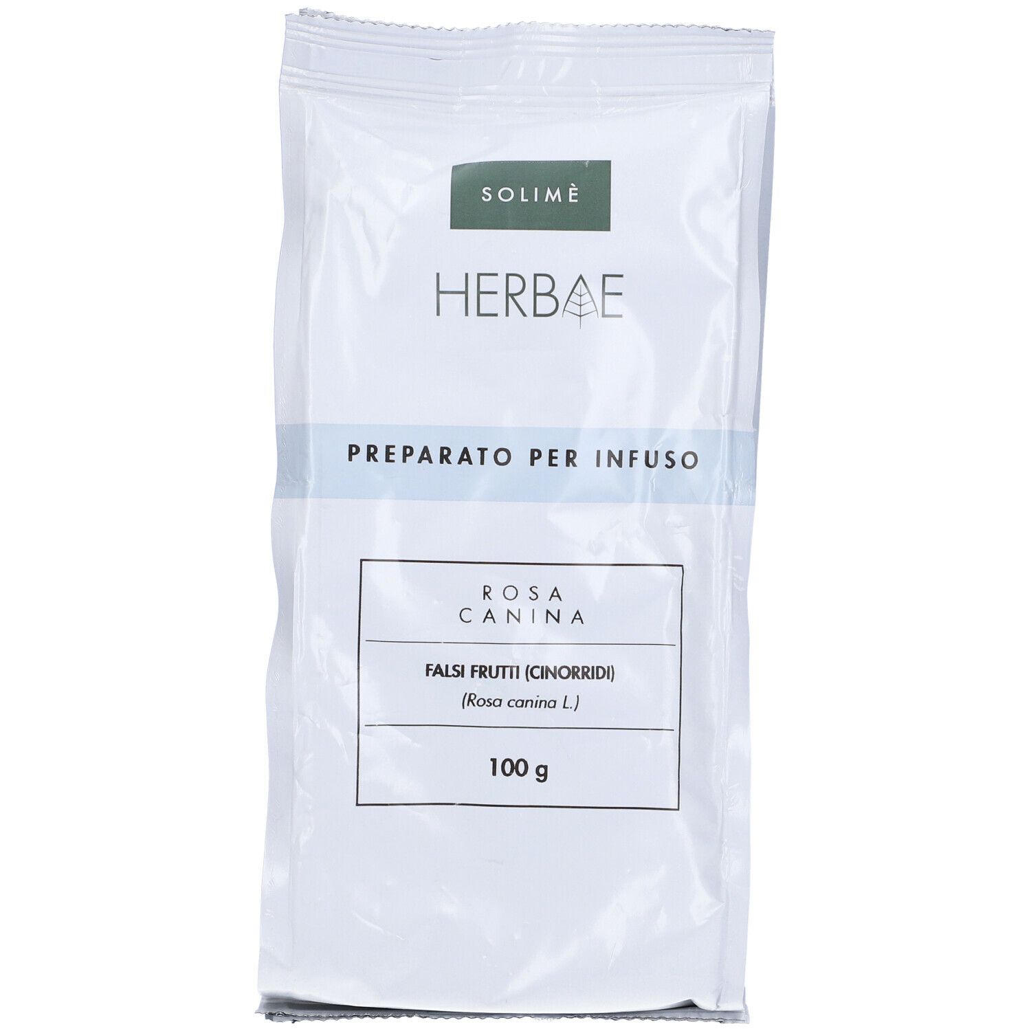 Busta di Solime' Rosa Canina Cinorr S/Semi. Scritta: Herbae, Preparato per Infuso, Rosa Canina, Falsi Frutti (Cinooridi), 100 g.