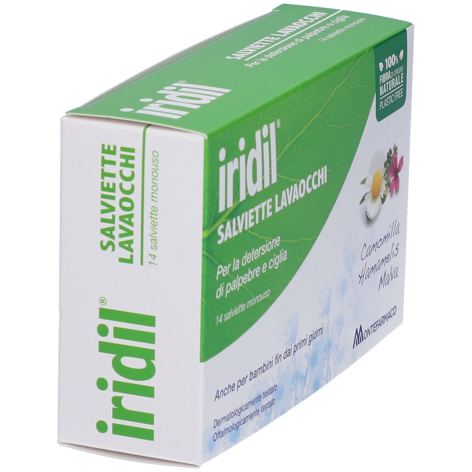 Schachtel iridil® Augenwischtücher, schräg. Grün-weiße Verpackung mit Produktnamen, Inhaltsstoffen und Logo. 14 Tücher.