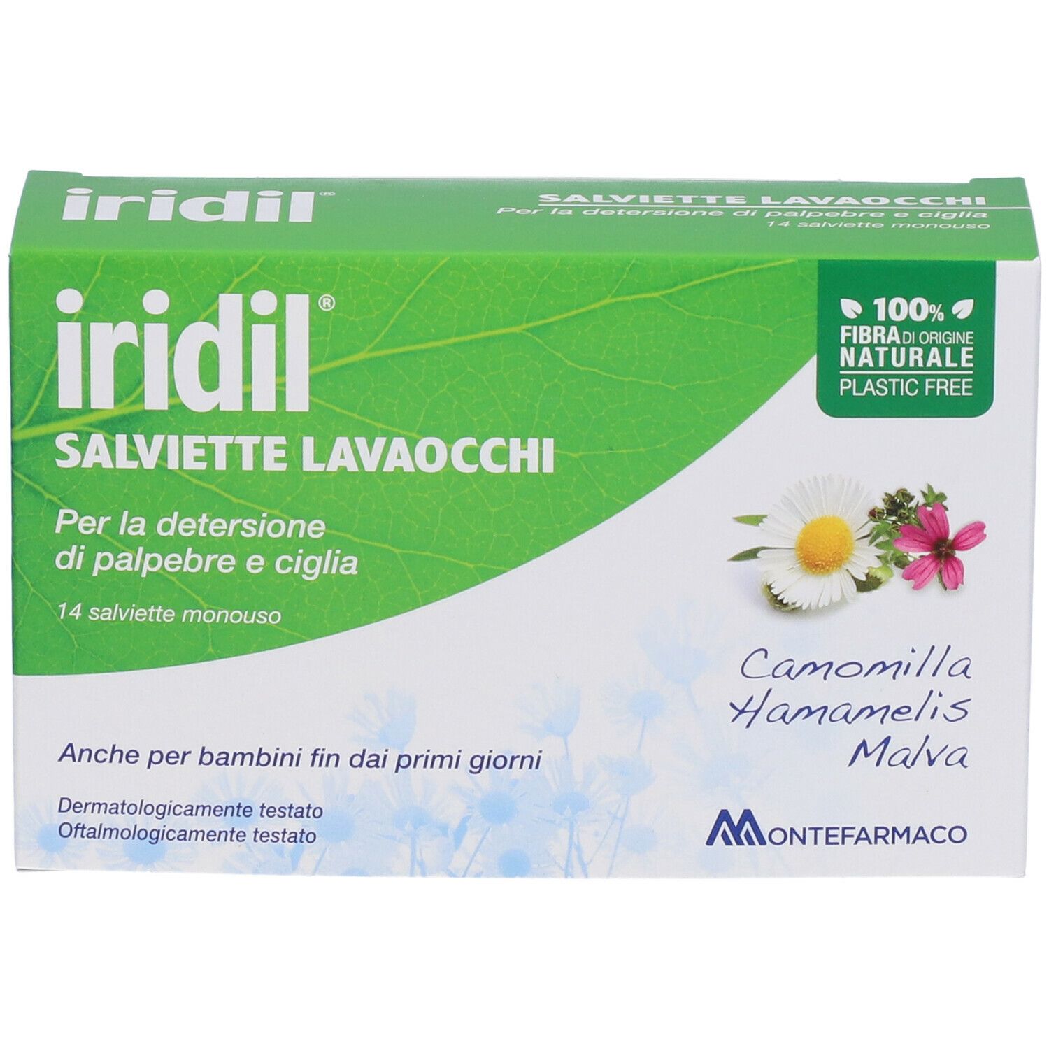 Verpackung von iridil® Augenwischtücher. Grün-weiße Schachtel mit Produktnamen, Inhaltsstoffen und Logo. 14 Tücher.