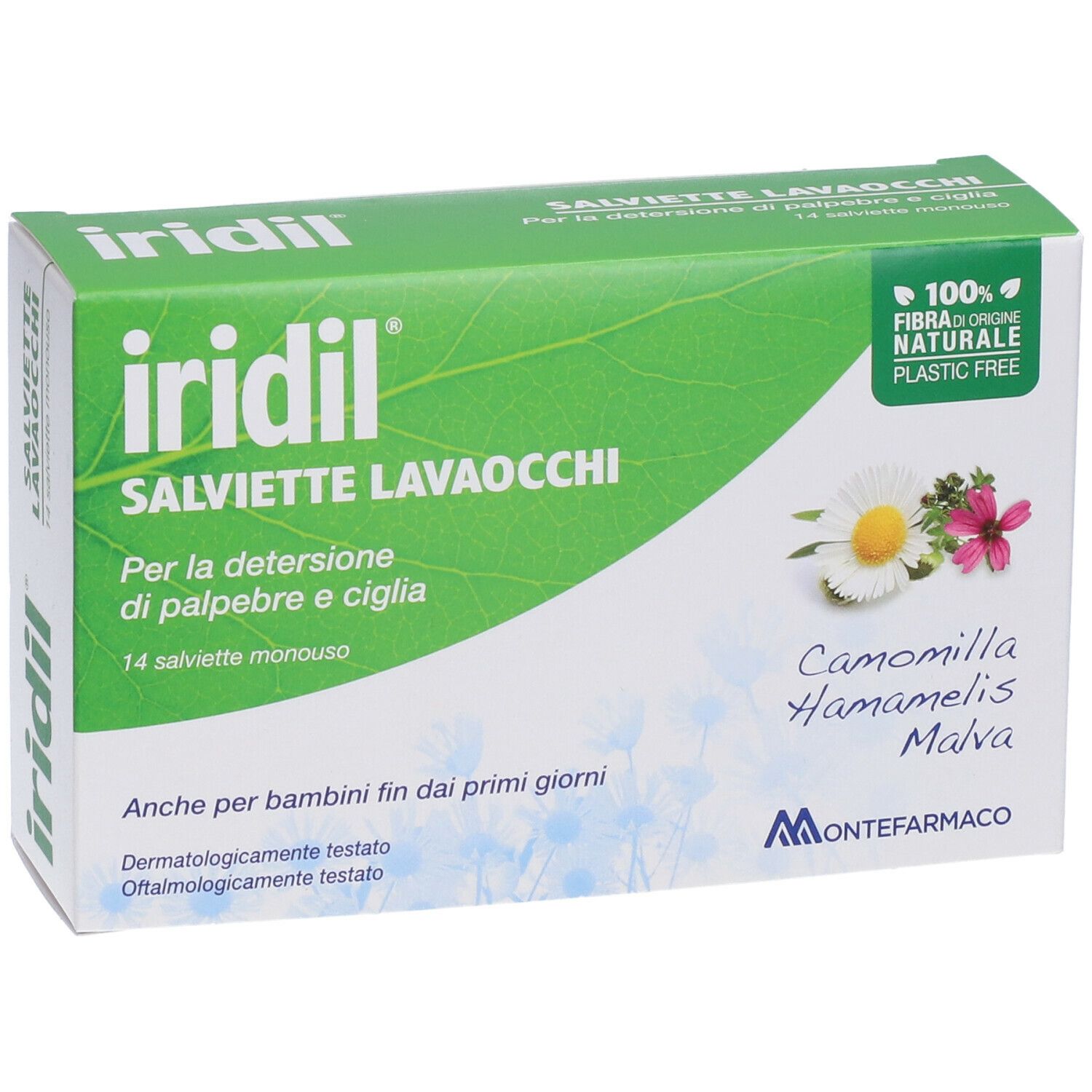 Verpackung von iridil® Augenwischtücher. Grün-weiße Schachtel mit Produktnamen, Inhaltsstoffen und Logo. 14 Tücher.