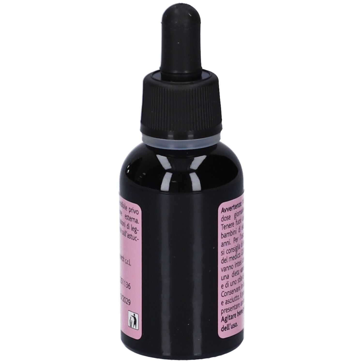 Seitenansicht der Flasche mit italienischen Warnhinweisen und Produktinformationen auf dem Etikett.