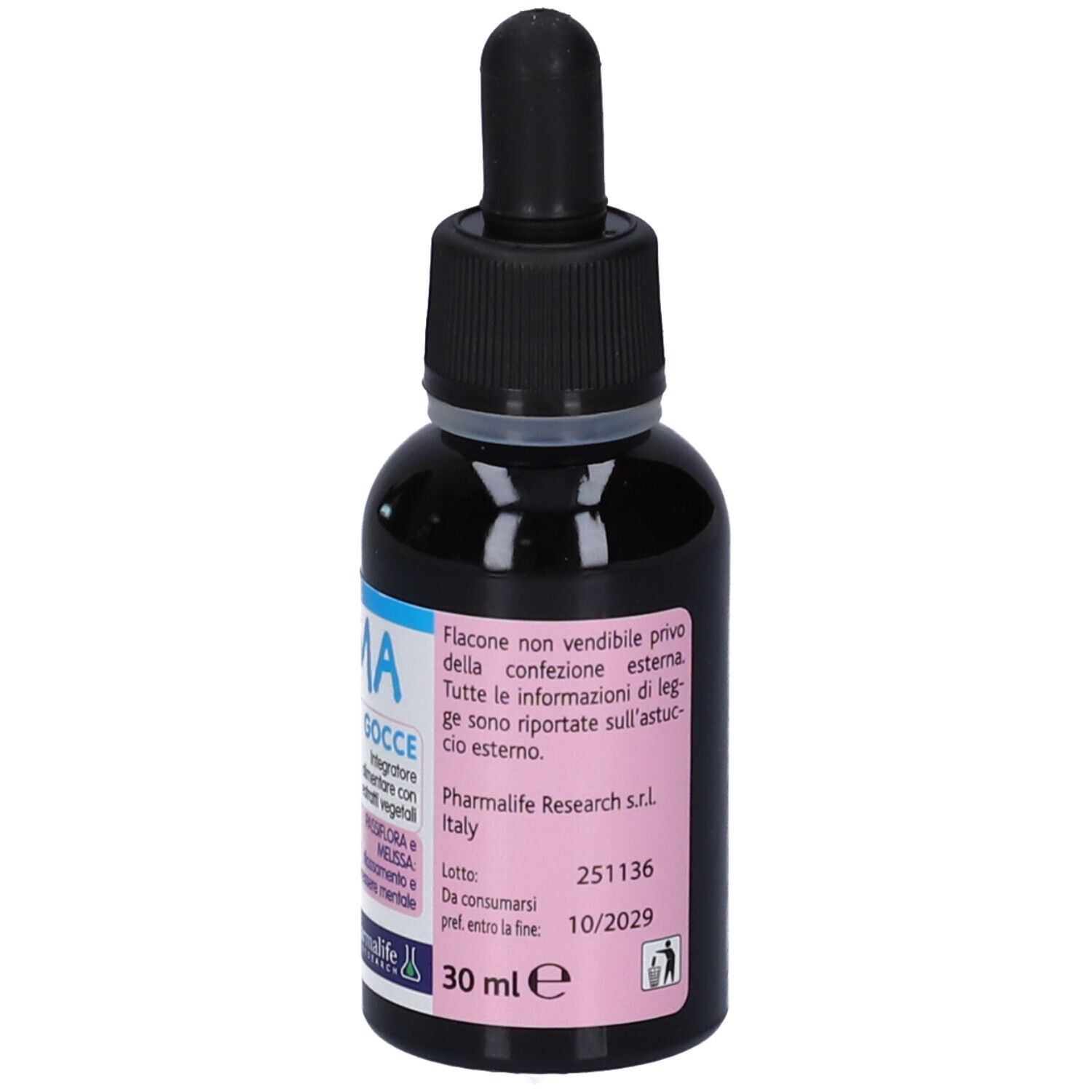 Flasche mit Pipettenverschluss, Etikett zeigt 30 ml, Herstellerinformationen und Verfallsdatum.
