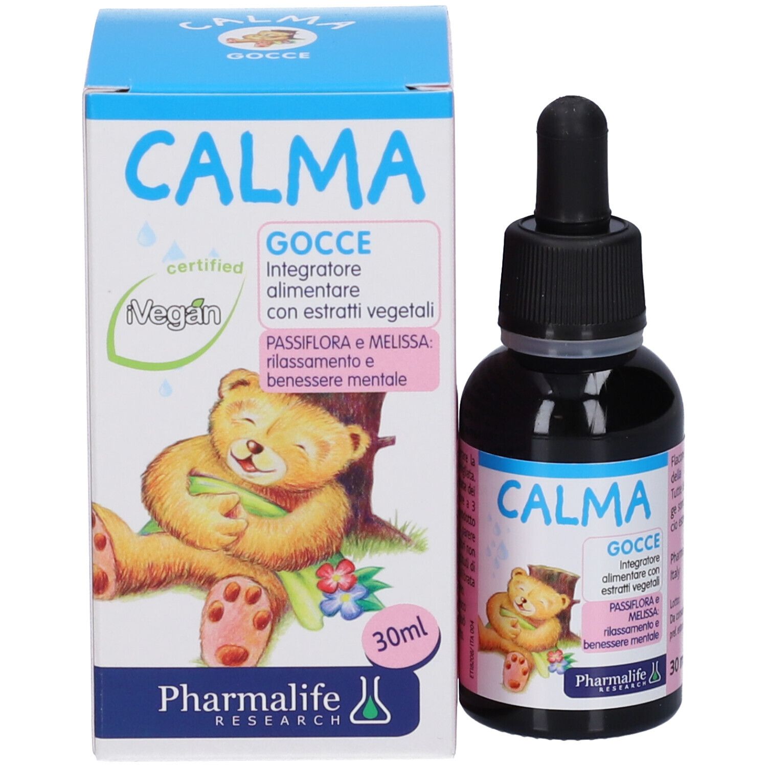 Produktverpackung: Kartonbox und Flasche mit Teddybär-Design, 'Calma Gocce' und 'Vegan' Siegel.