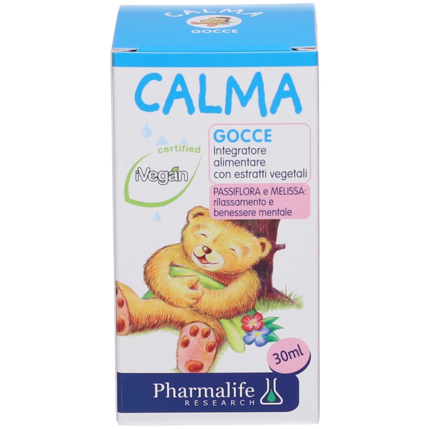 Kartonbox für 'Calma Gocce' mit Teddybär-Illustration, 'Vegan' Siegel und 30 ml Angabe.