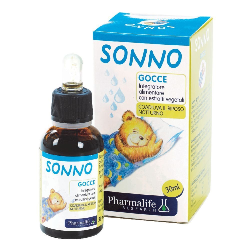 Flacone di vetro marrone con contagocce e scatola. Scritta SONNO Gocce. Illustrazione di orsetto che dorme.