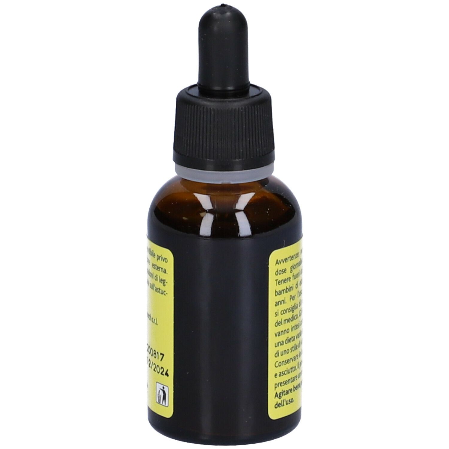 Flacone di vetro marrone con contagocce. Scritta SONNO Gocce. Testo. Marca: Pharmalife Research. Numero di lotto e scadenza.