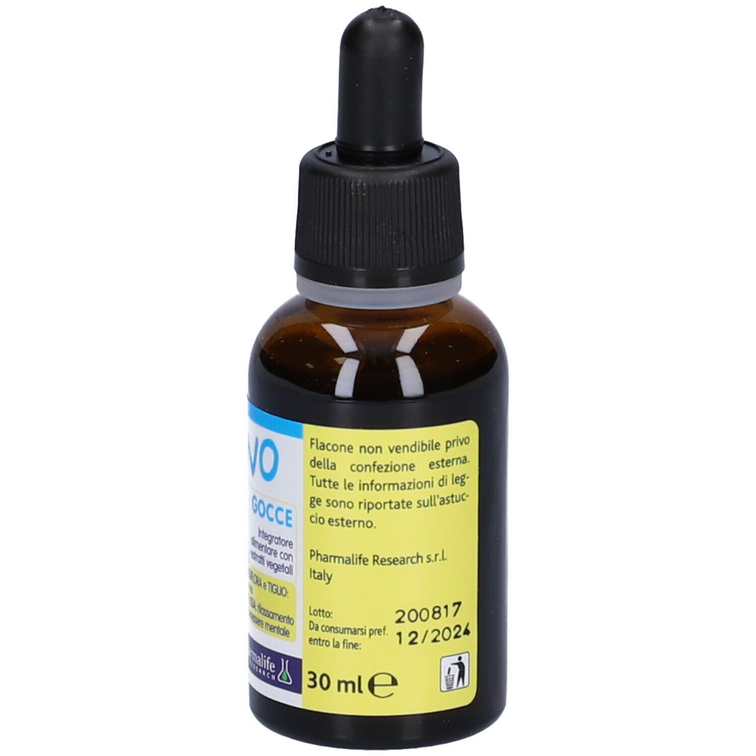 Flacone di vetro marrone con contagocce. Scritta SONNO Gocce. Testo. Marca: Pharmalife Research. Numero di lotto e scadenza.
