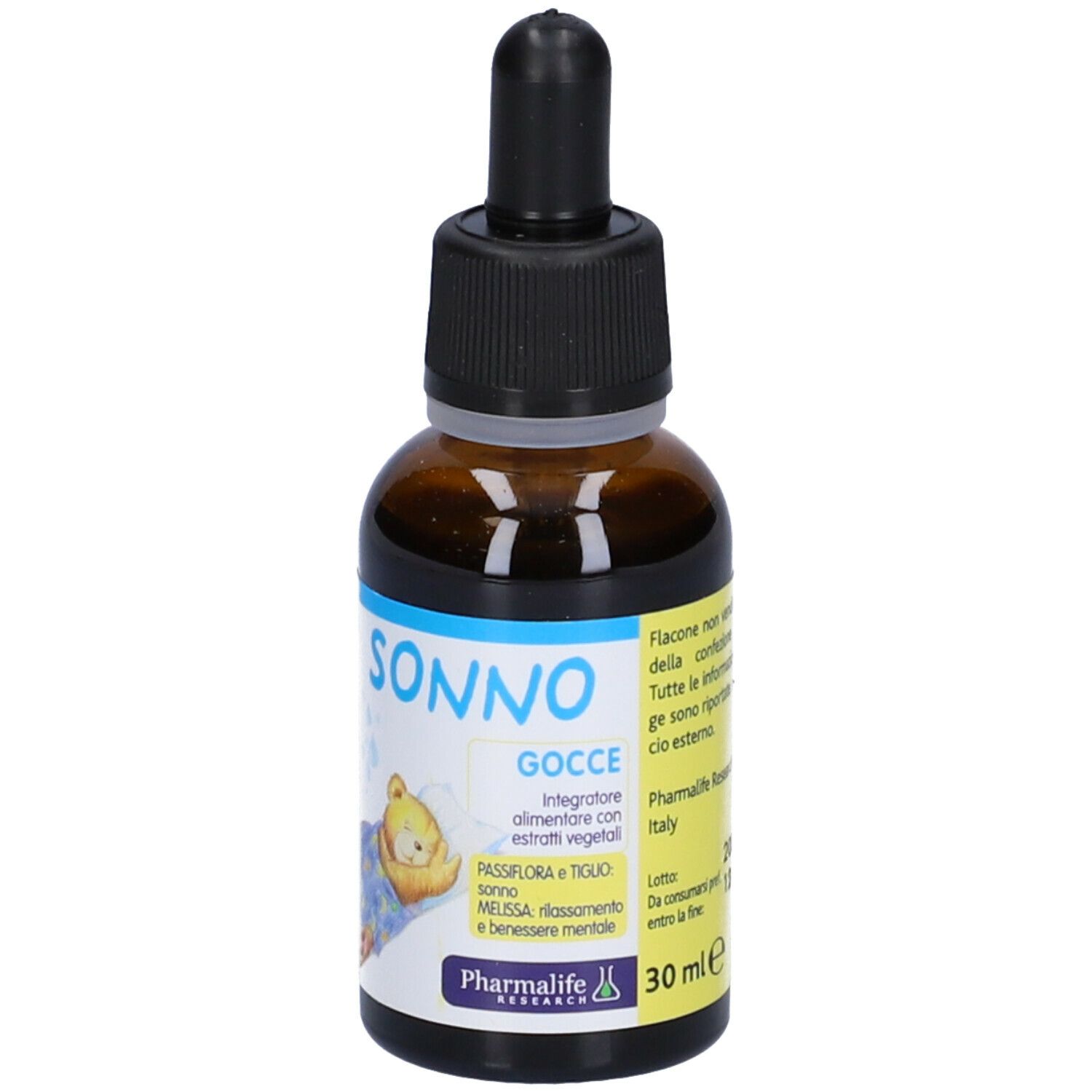 Flacone di vetro marrone con contagocce. Scritta SONNO Gocce. Testo. Marca: Pharmalife Research. Numero di lotto e scadenza.