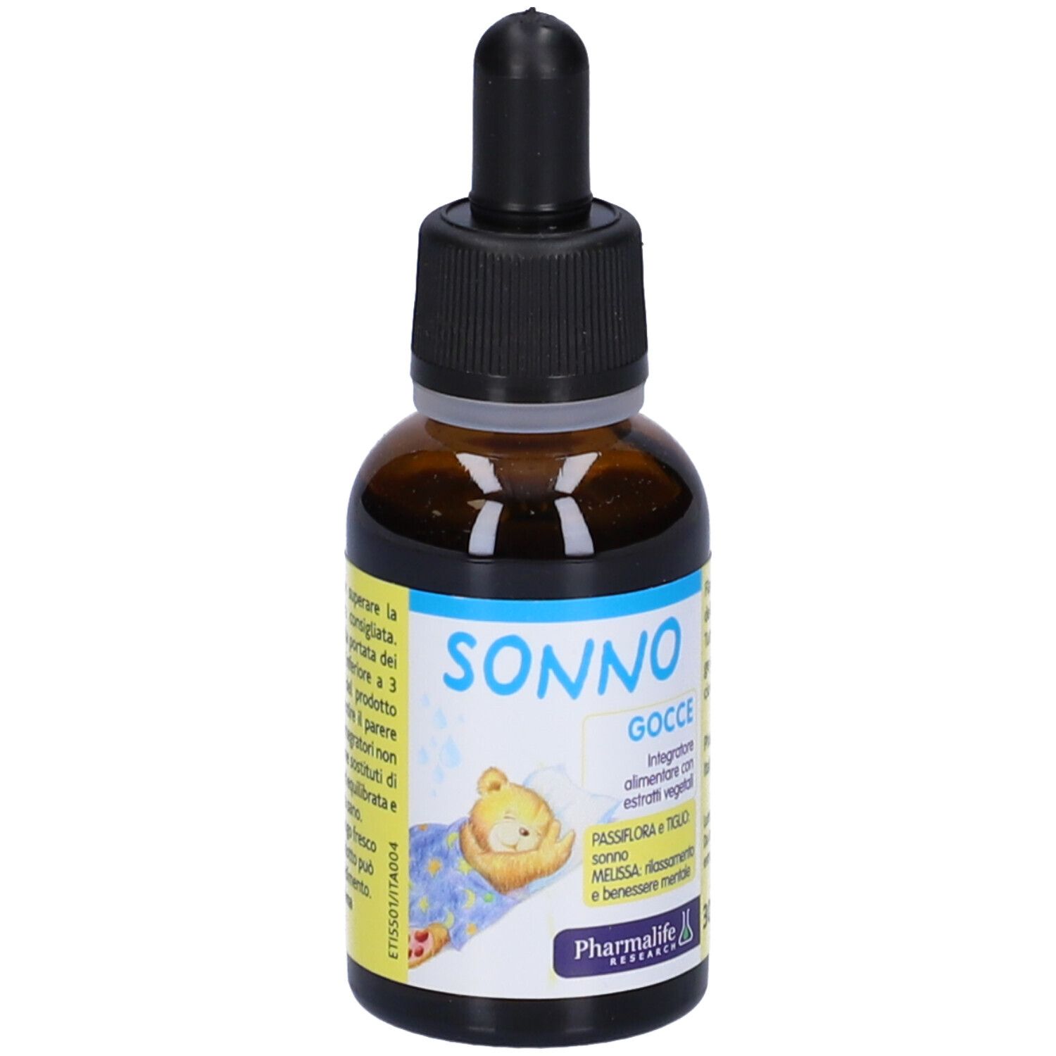 Flacone di vetro marrone con contagocce. Scritta SONNO Gocce. Testo. Marca: Pharmalife Research. Numero di lotto e scadenza.