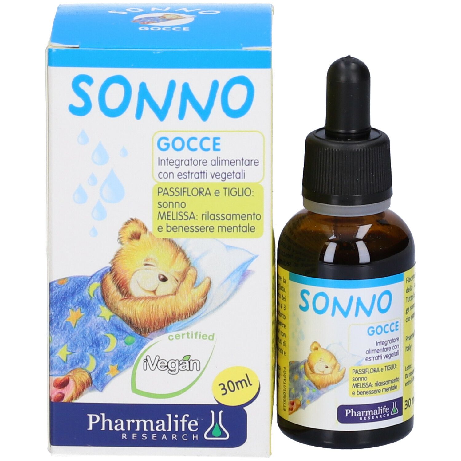 Flacone di vetro marrone con contagocce e scatola. Scritta SONNO Gocce. Illustrazione di orsetto che dorme. Certificazione vegana.