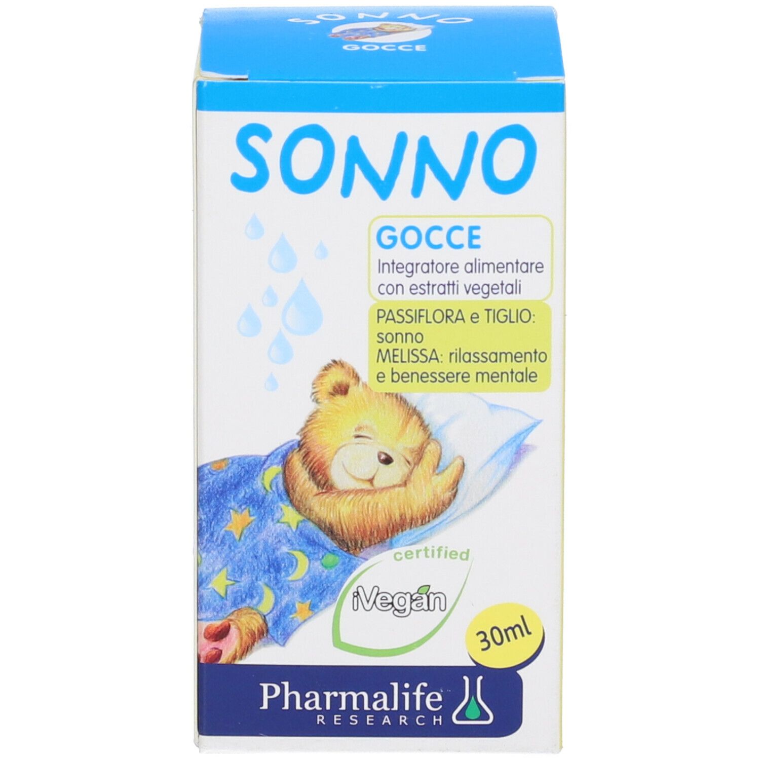 Scatola con scritta SONNO Gocce. Illustrazione di orsetto che dorme. Certificazione vegana. Marca: Pharmalife Research.