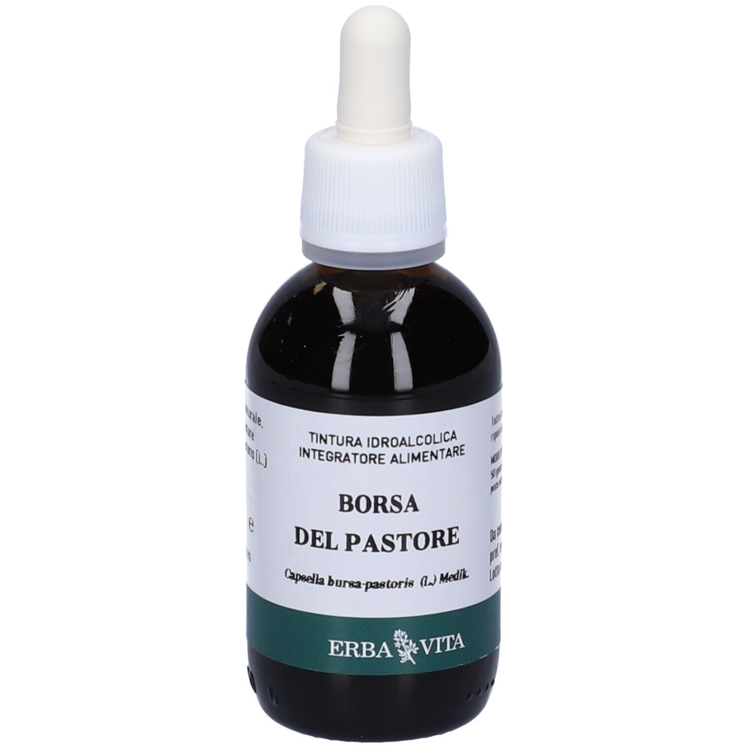 Braune Glasflasche mit Pipette. Etikett mit Text: Borsa del Pastore, Erba Vita Logo.