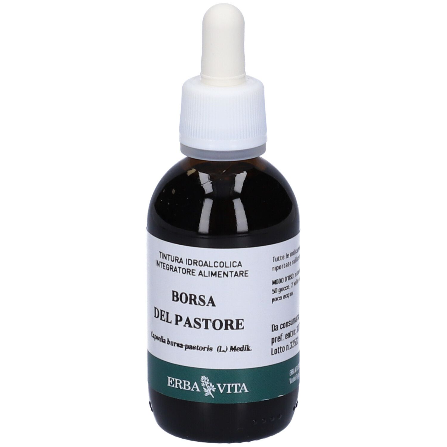 Braune Glasflasche mit Pipette. Etikett mit Text: Borsa del Pastore, Erba Vita Logo.
