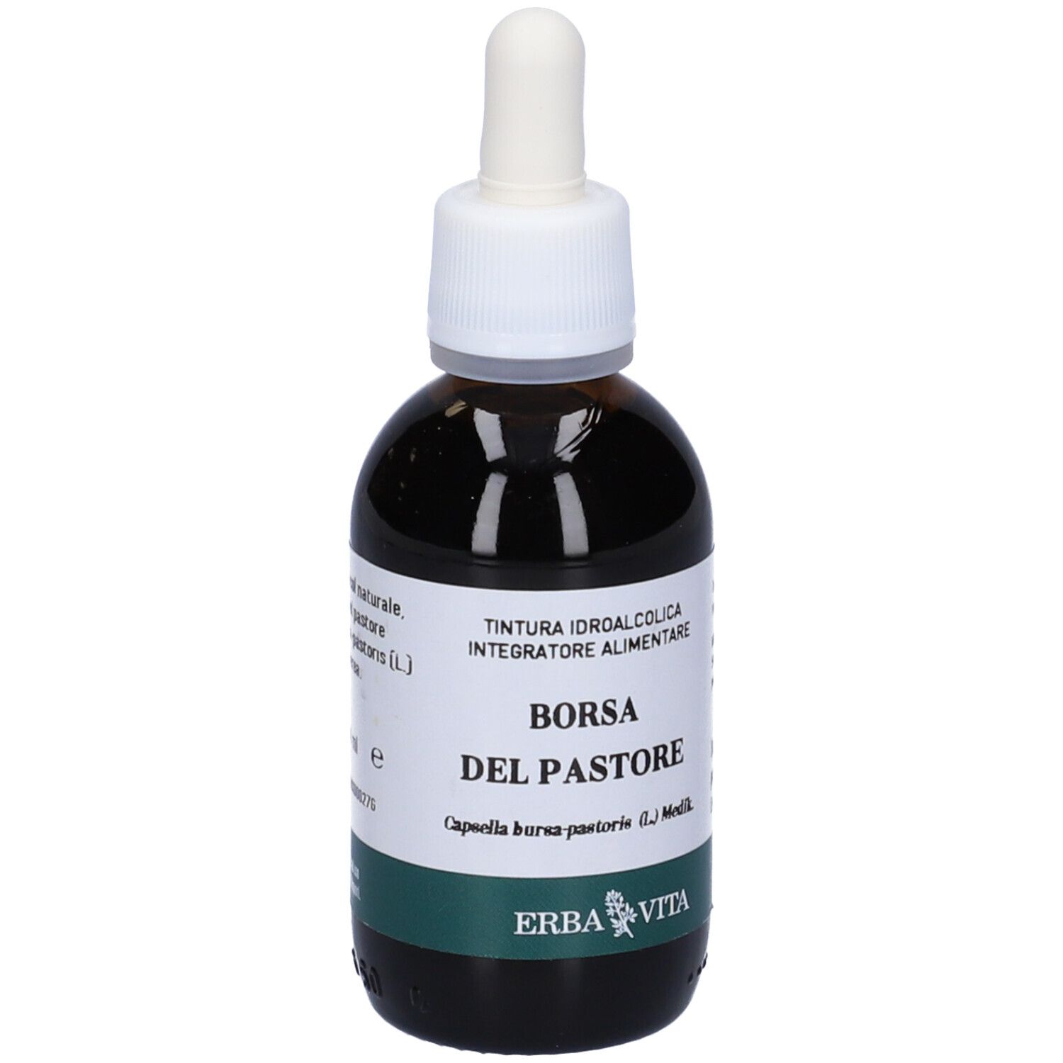 Braune Glasflasche mit Pipette. Etikett mit Text: Borsa del Pastore, Erba Vita Logo.