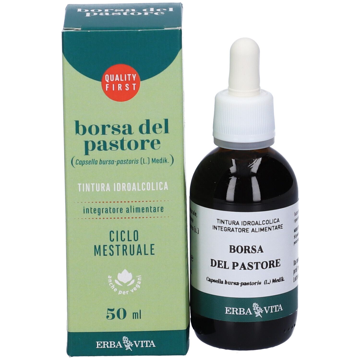 Produktverpackung und Flasche. Text: Borsa del Pastore, Integratore Alimentare, Erba Vita Logo.