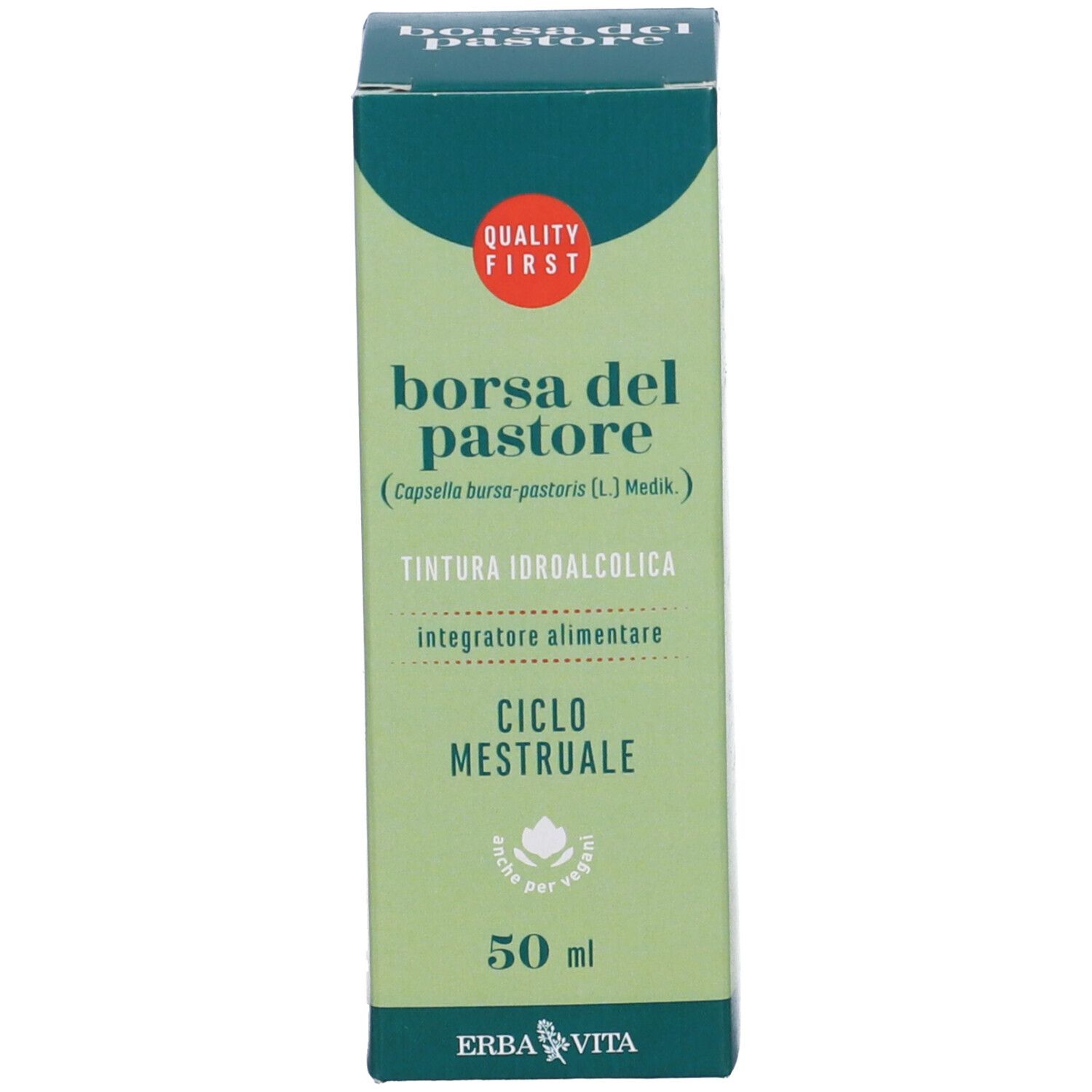Produktverpackung. Text: Borsa del Pastore, Integratore Alimentare, Erba Vita Logo.