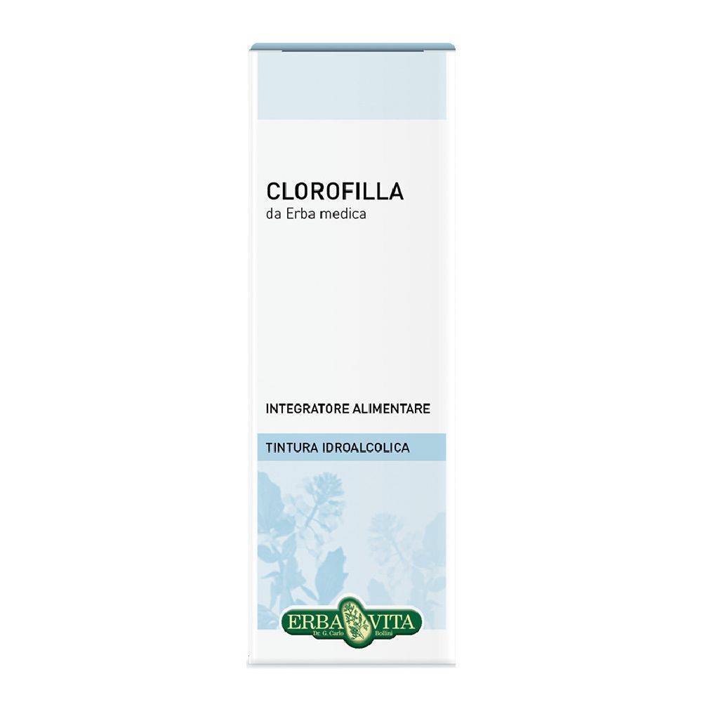 Scatola con testo: Clorofilla, da Erba medica, Integratore Alimentare. Logo Erba Vita. Sfondo bianco.