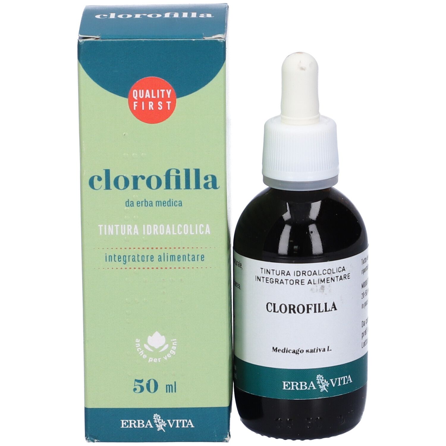 Prodotto e confezione. Flacone marrone con contagocce e scatola. Testo: Clorofilla, 50 ml, logo Erba Vita.