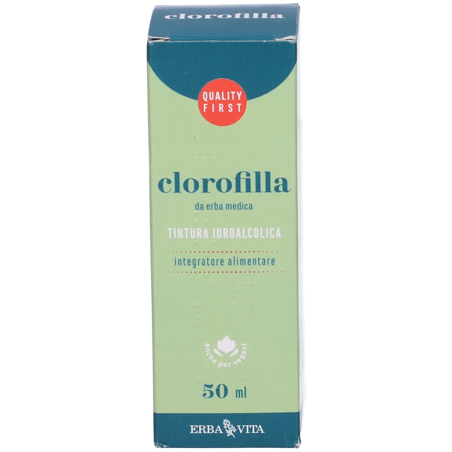 Scatola con testo: Clorofilla, 50 ml, Quality First. Logo Erba Vita.