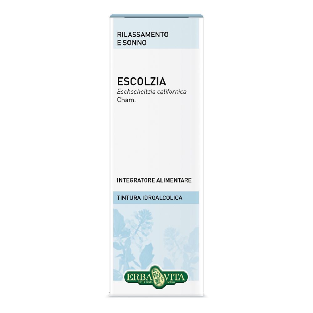 Scatola Escolzia, logo Erba Vita. Scritto: Relax e sonno, integratore alimentare. Ingredienti e informazioni.