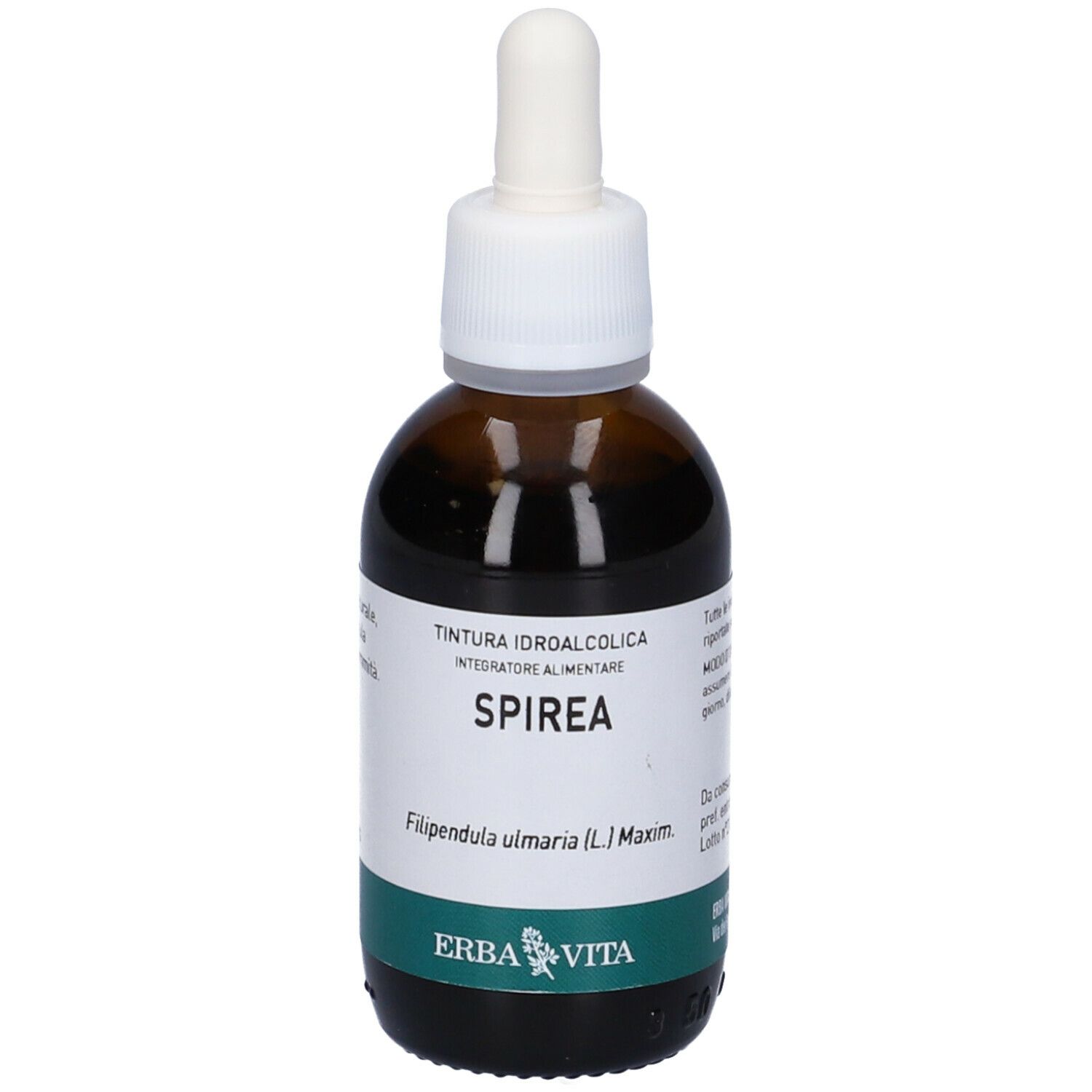 Flacone di vetro marrone con contagocce. Etichetta con nome e logo del prodotto. Testo: Spirea, Integratore Alimentare, Tinctura Idroalcolica.