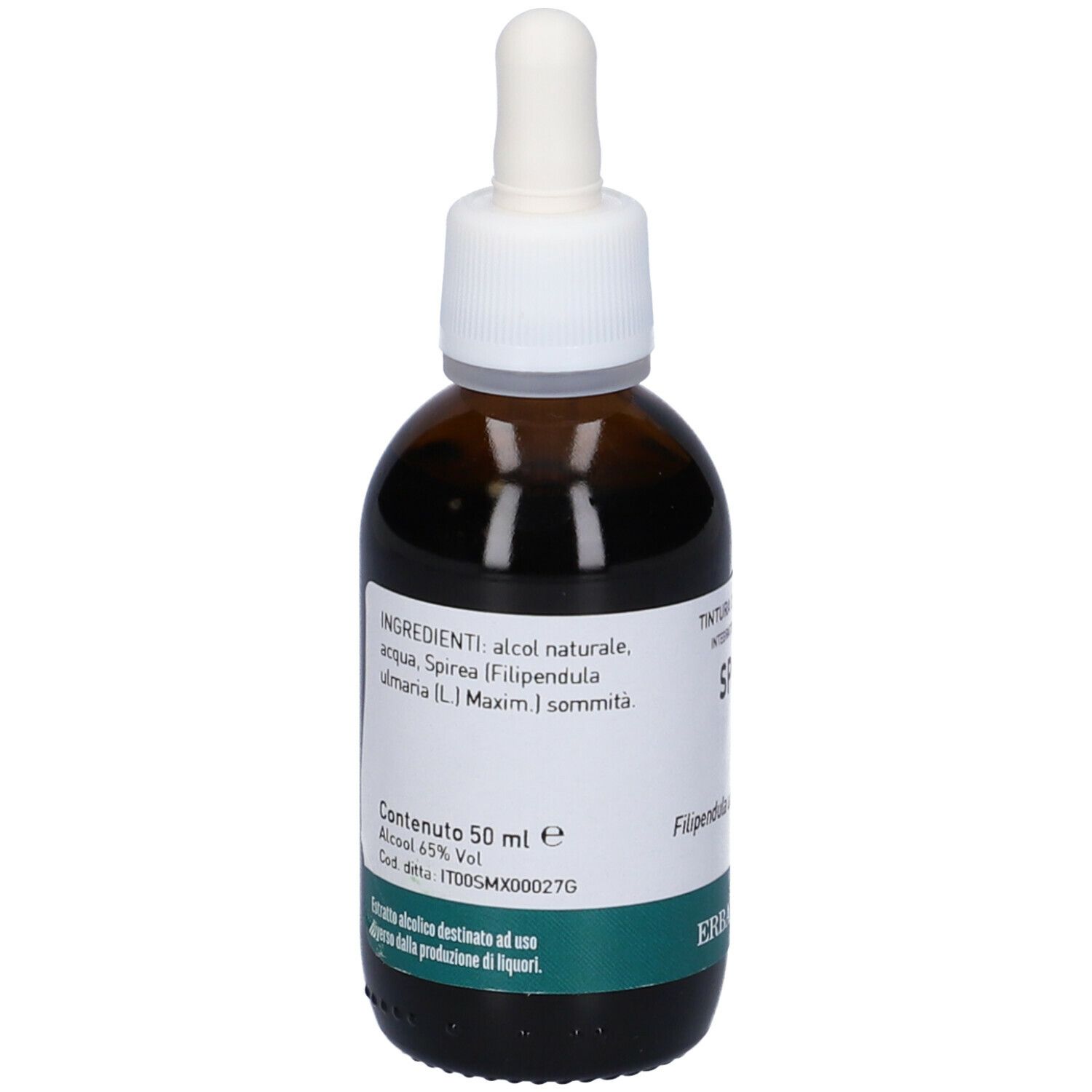 Flacone di vetro marrone con contagocce. Etichetta con nome e logo del prodotto. Testo: Spirea, Integratore Alimentare, Ingredienti, 50 ml.