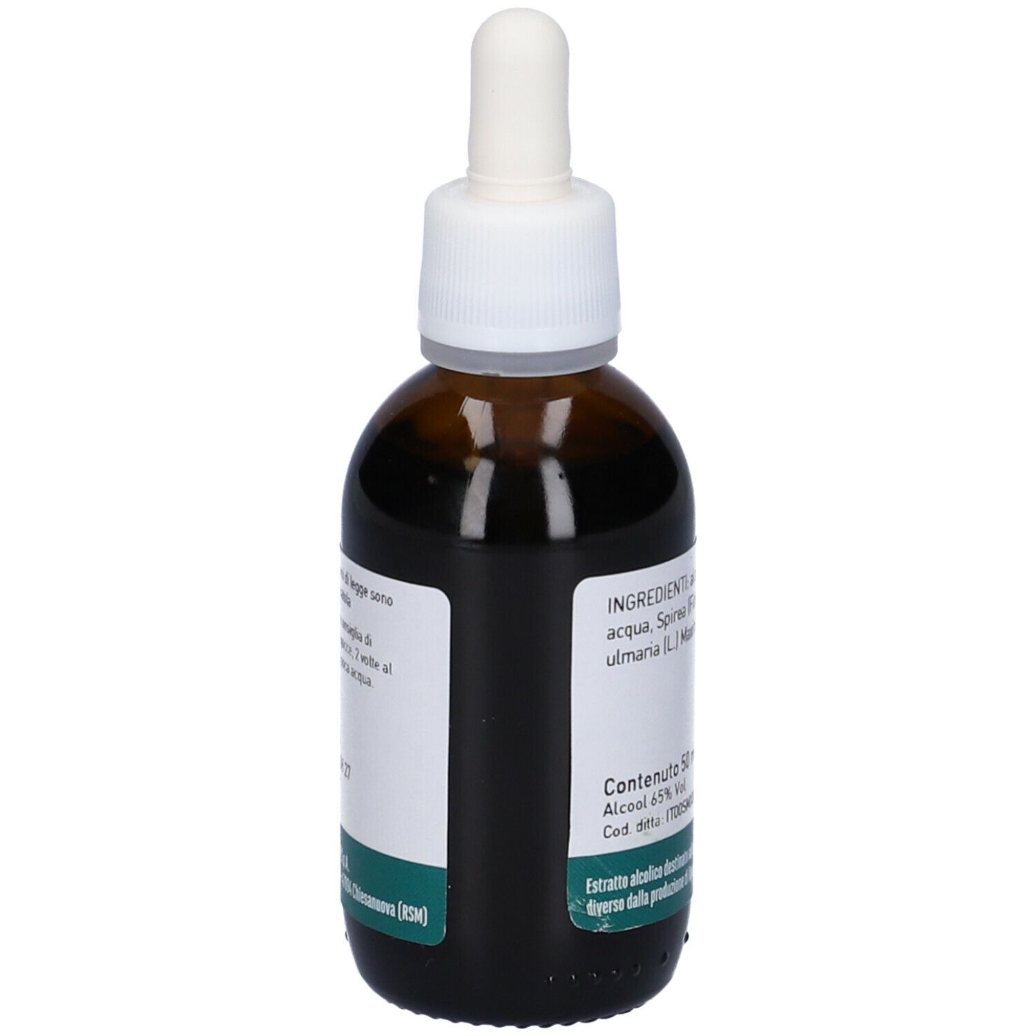 Flacone di vetro marrone con contagocce. Etichetta con nome e logo del prodotto. Testo: Spirea, Integratore Alimentare, Ingredienti, 50 ml.