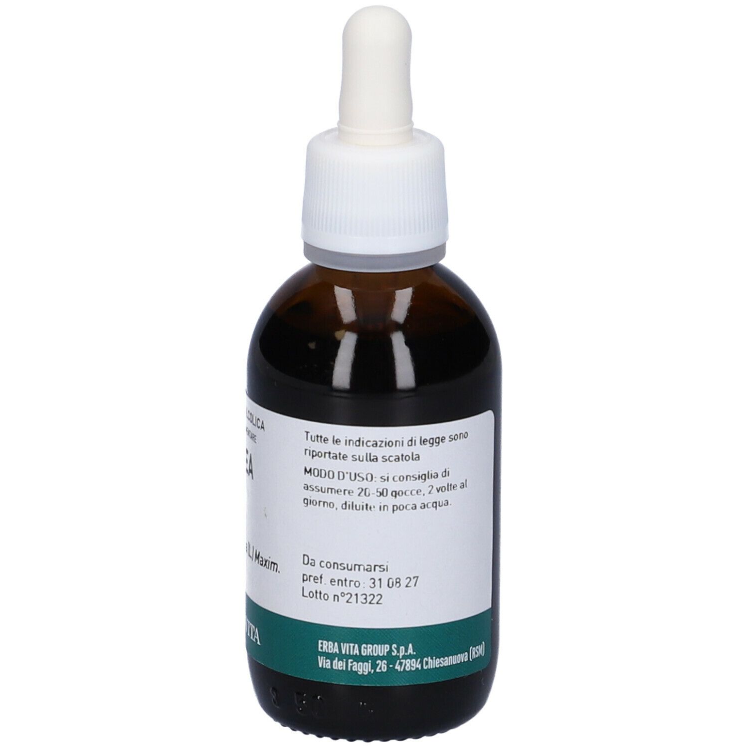 Flacone di vetro marrone con contagocce. Etichetta con nome e logo del prodotto. Testo: Spirea, Integratore Alimentare, Istruzioni per l'uso.