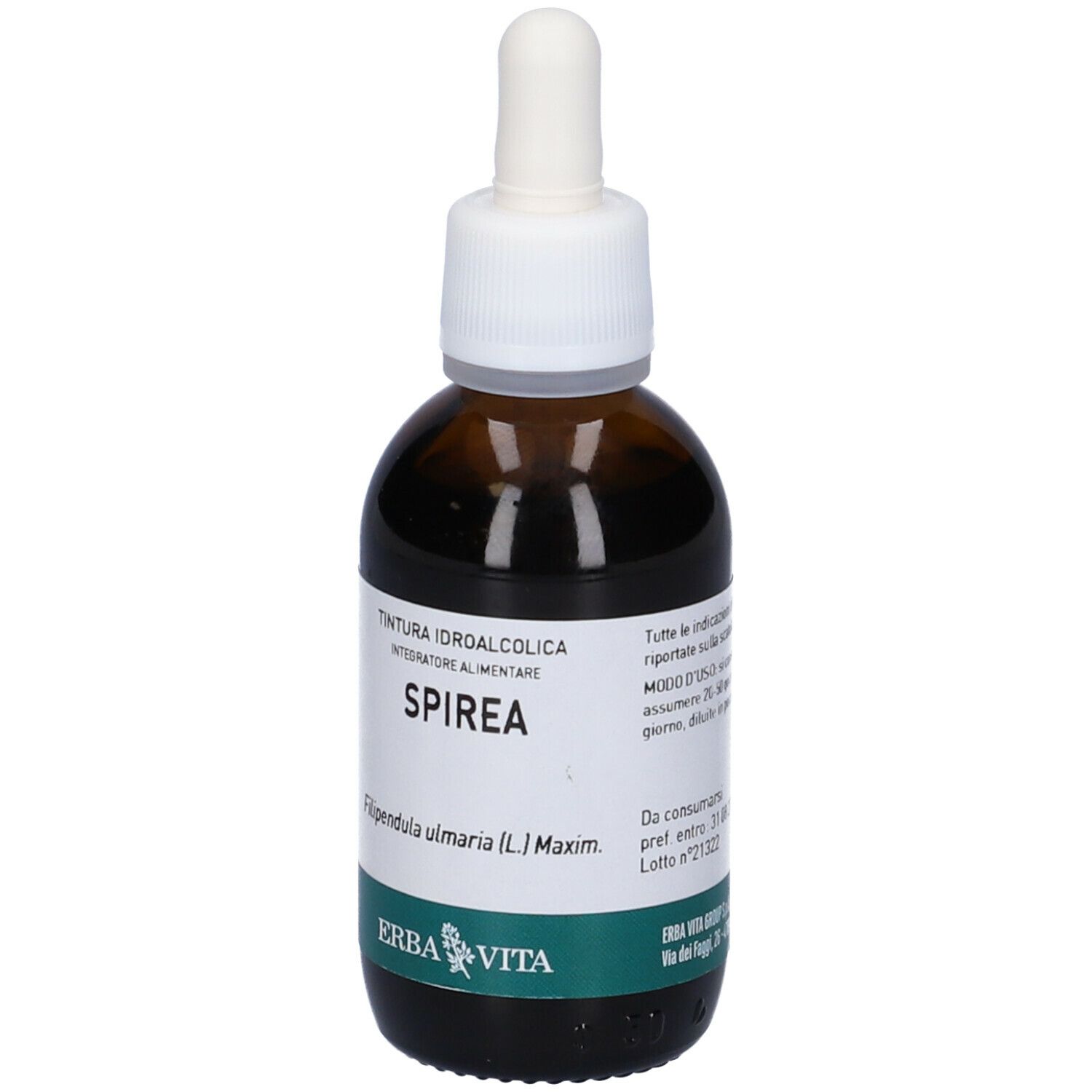 Flacone di vetro marrone con contagocce. Etichetta con nome e logo del prodotto. Testo: Spirea, Integratore Alimentare, Tinctura Idroalcolica.