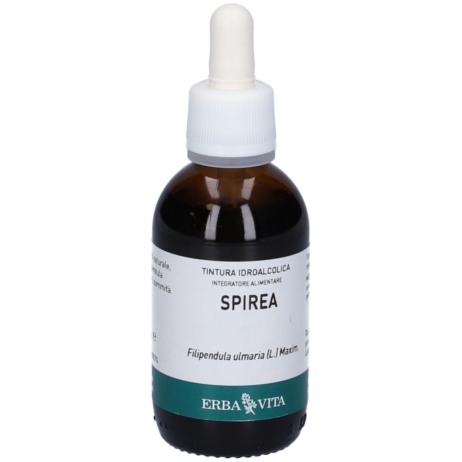Flacone di vetro marrone con contagocce. Etichetta con nome e logo del prodotto. Testo: Spirea, Integratore Alimentare, Tinctura Idroalcolica.