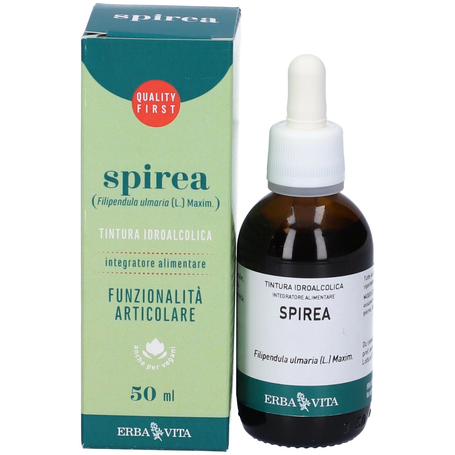 Prodotto con confezione. Flacone in vetro marrone con contagocce e scatola. Testo: Spirea, Funzionalità Articolare, 50 ml, Logo.
