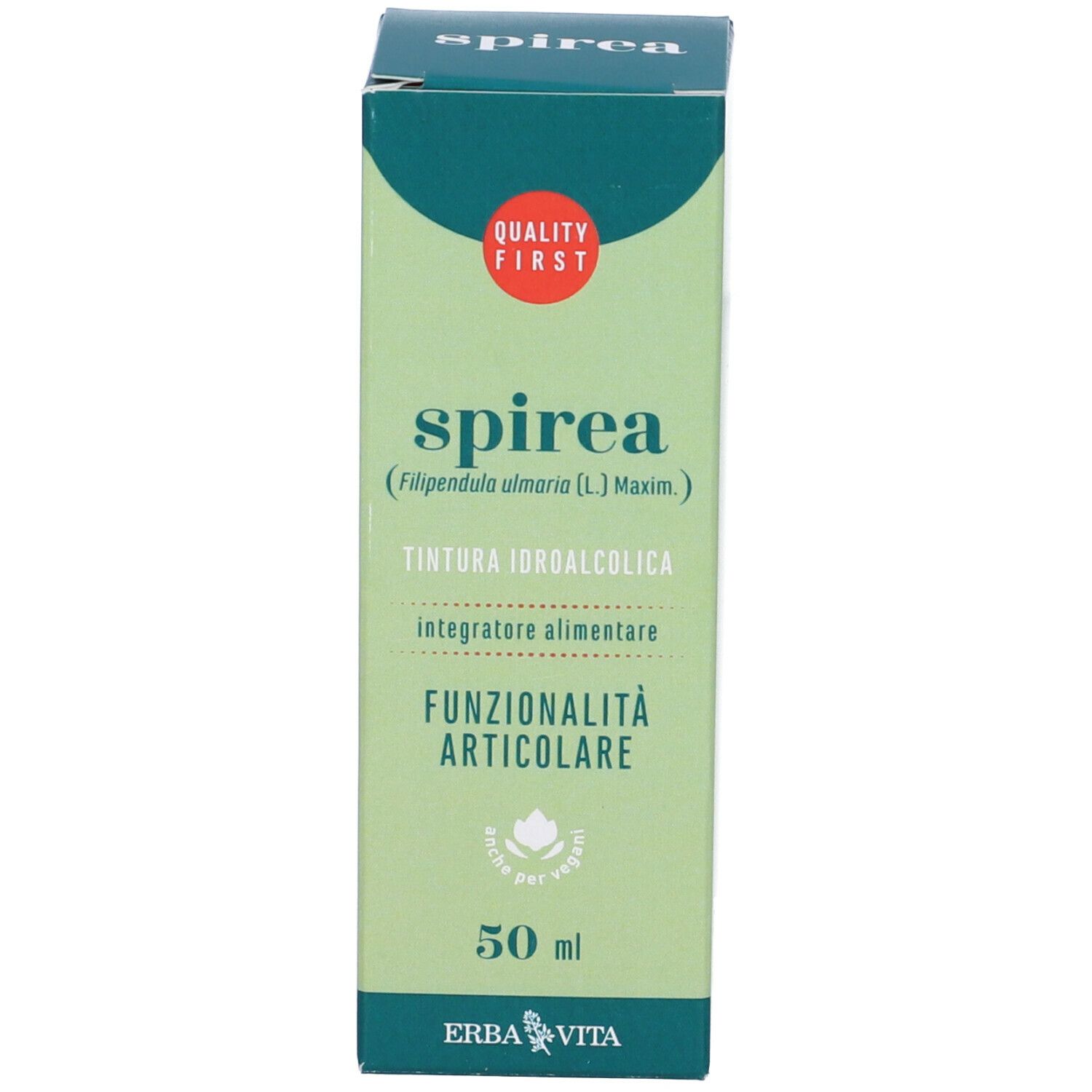 Confezione in cartone con nome e logo del prodotto. Testo: Spirea, Funzionalità Articolare, 50 ml, Logo.