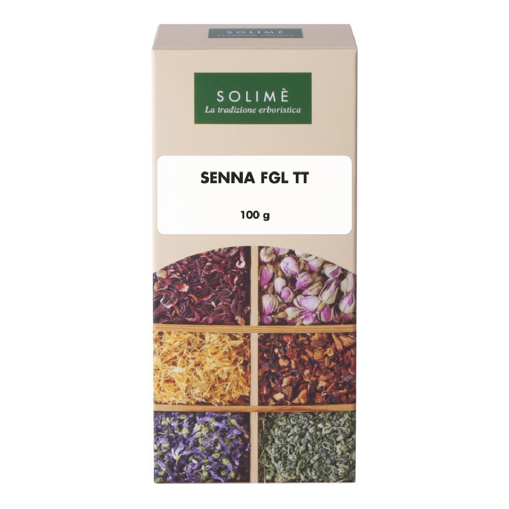 Scatola con erbe. Sopra "Solimé". Etichetta: "Senna FGL TT" e "100 g".