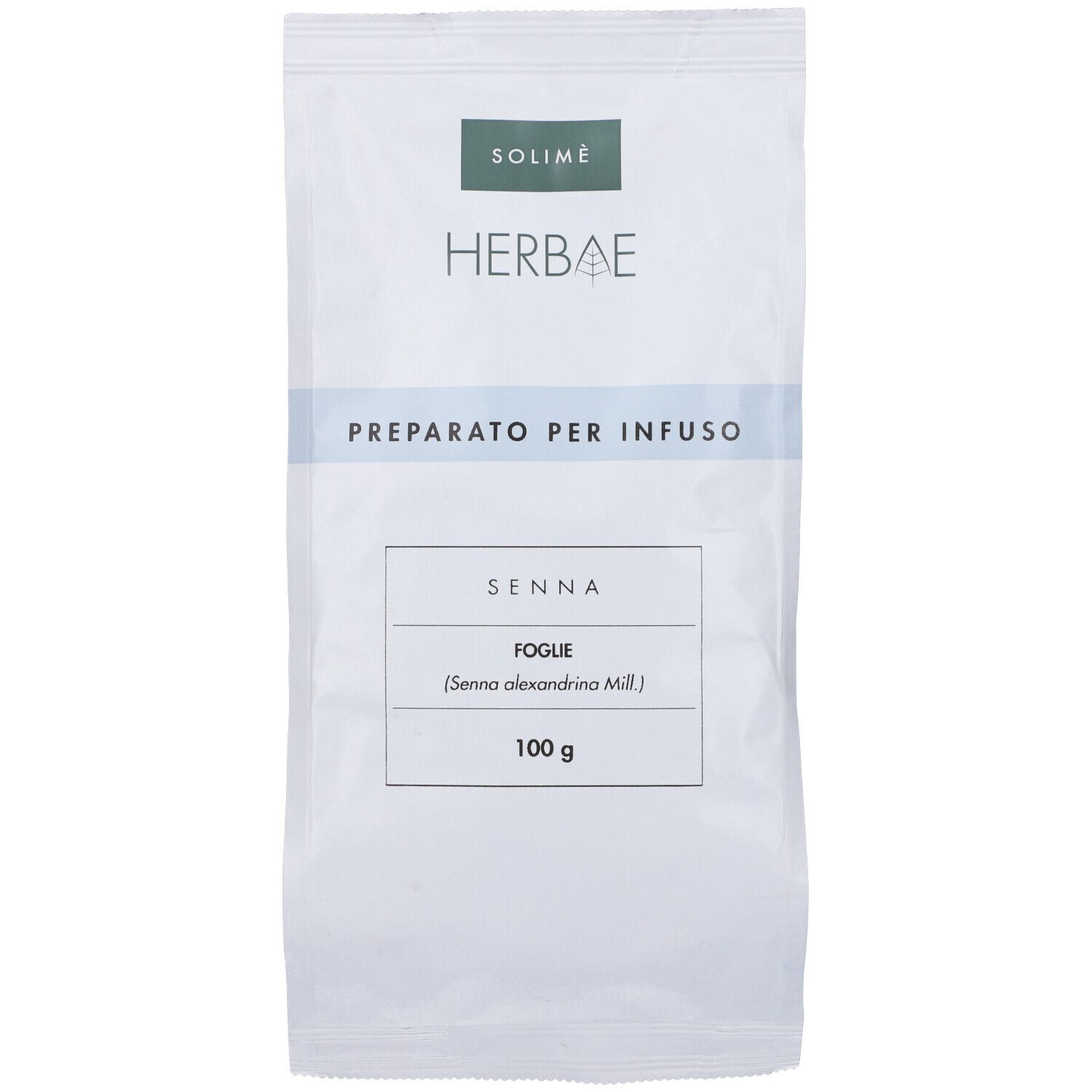 Busta con erbe. Sopra "Solimé". Etichetta: "Senna Foglie" e "100 g".