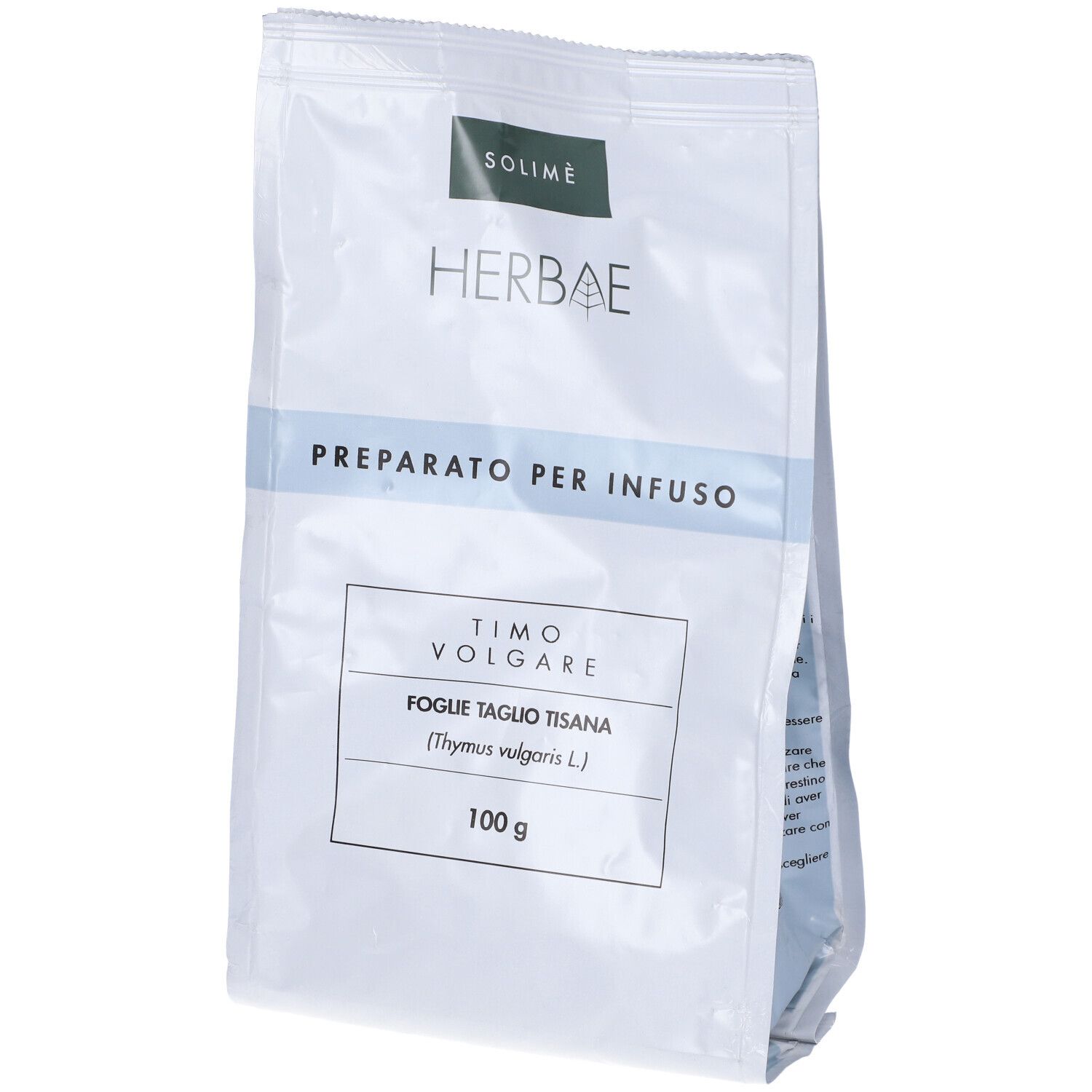 Busta bianca con nome del prodotto. Scritta: Timo Volgare Foglie Taglio Tisana (Thymus vulgaris L.) 100 g.