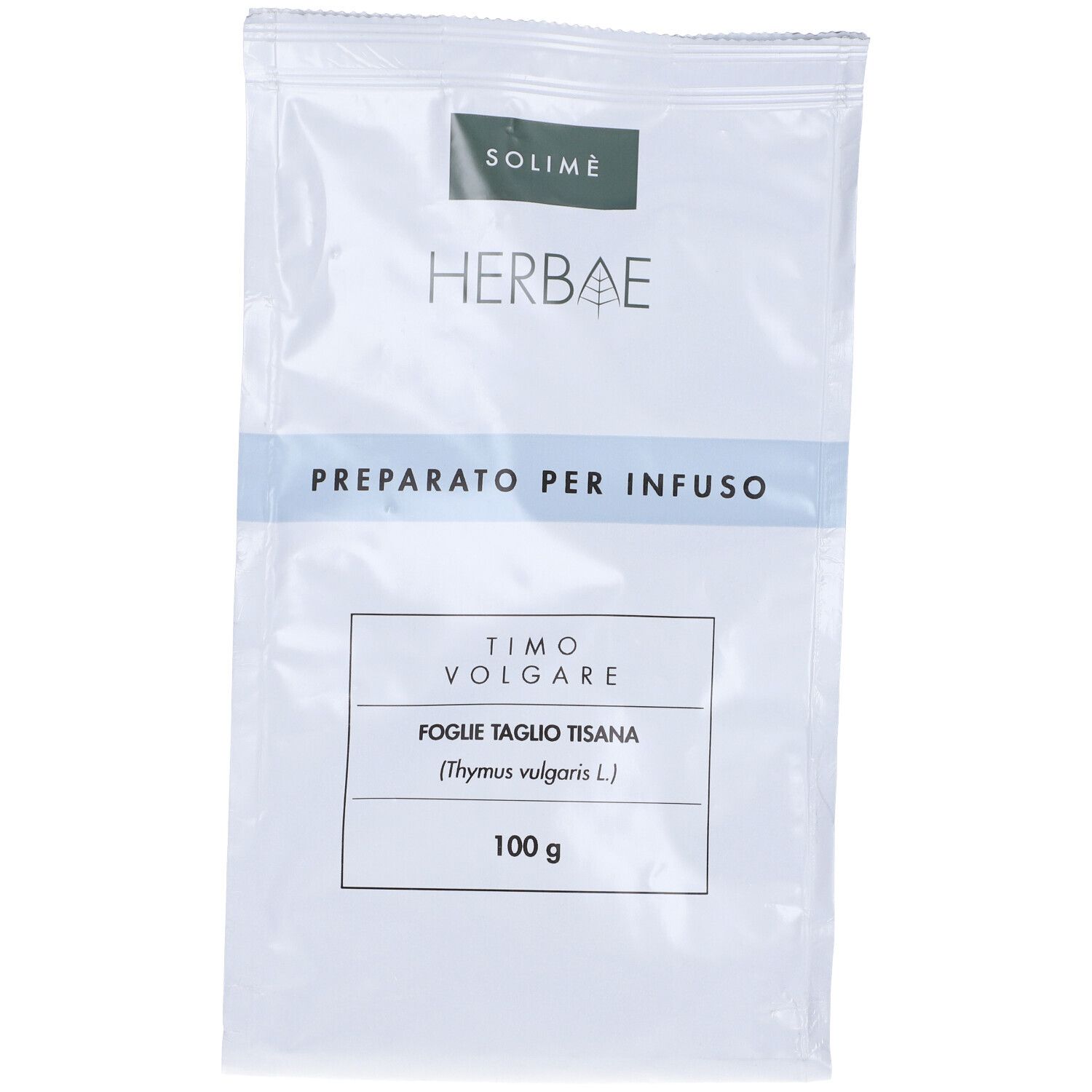 Busta bianca con nome del prodotto. Scritta: Timo Volgare Foglie Taglio Tisana (Thymus vulgaris L.) 100 g.