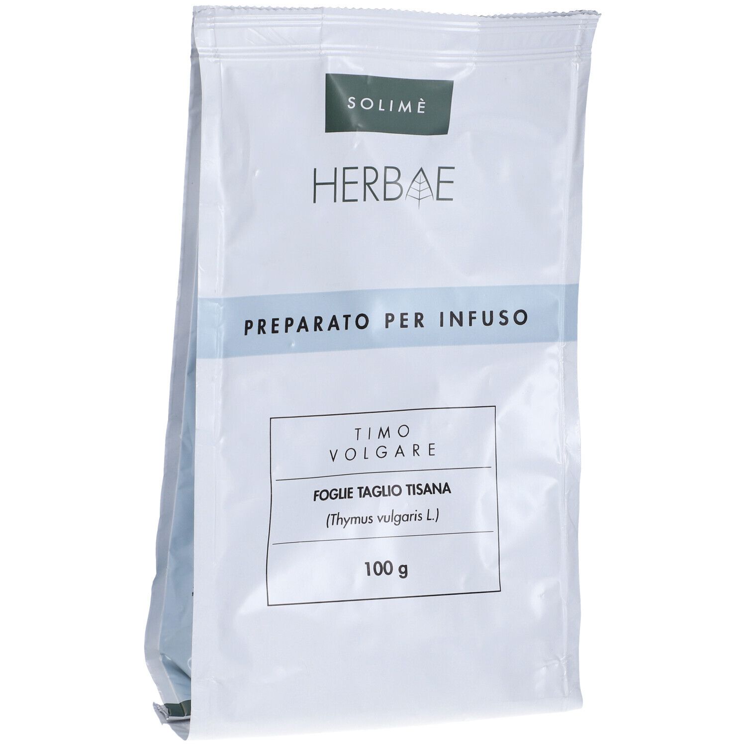 Busta bianca con nome del prodotto. Scritta: Timo Volgare Foglie Taglio Tisana (Thymus vulgaris L.) 100 g.