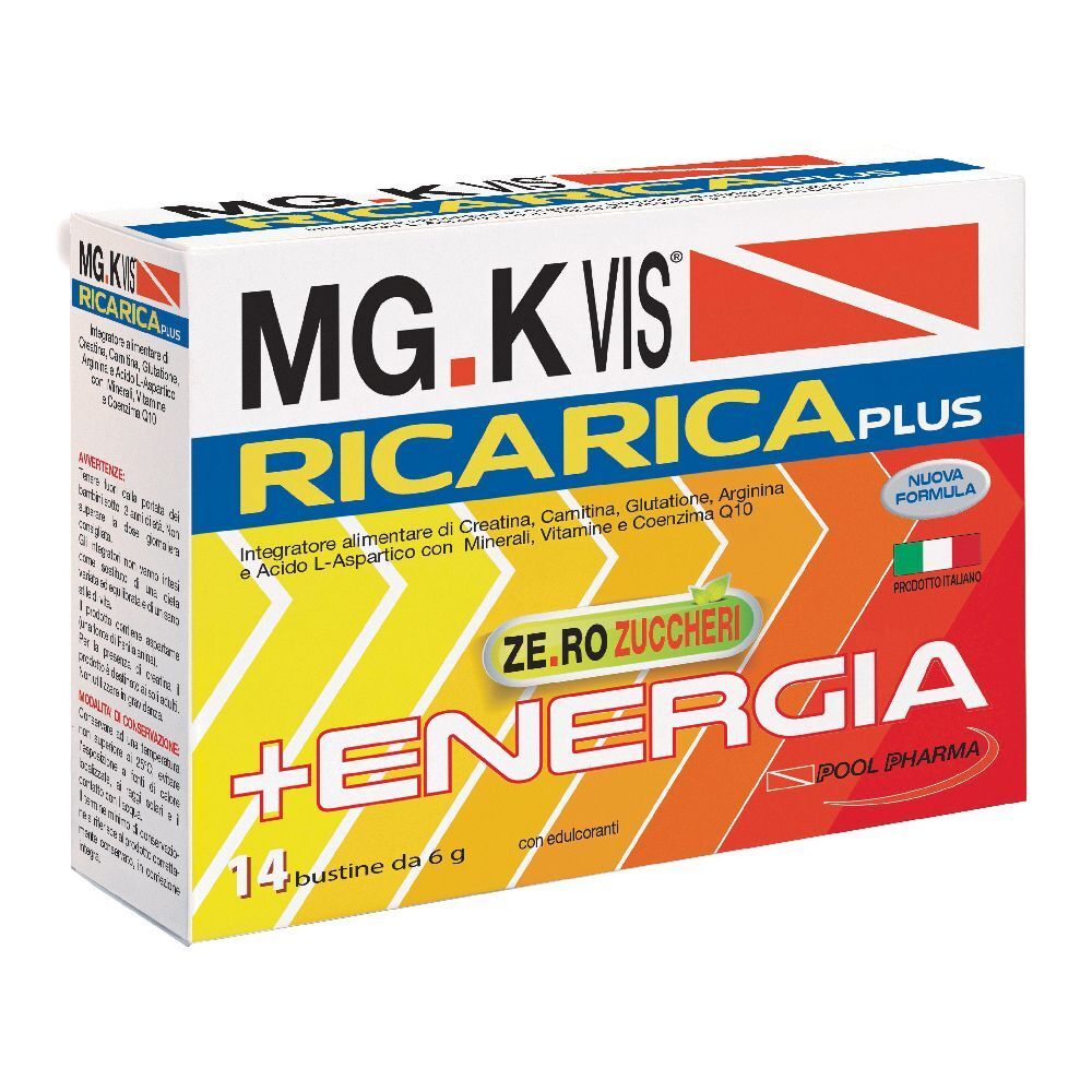 Confezione di MG.K VIS® RICARICA PLUS. Contiene 14 bustine. Giallo, arancione e bianco.