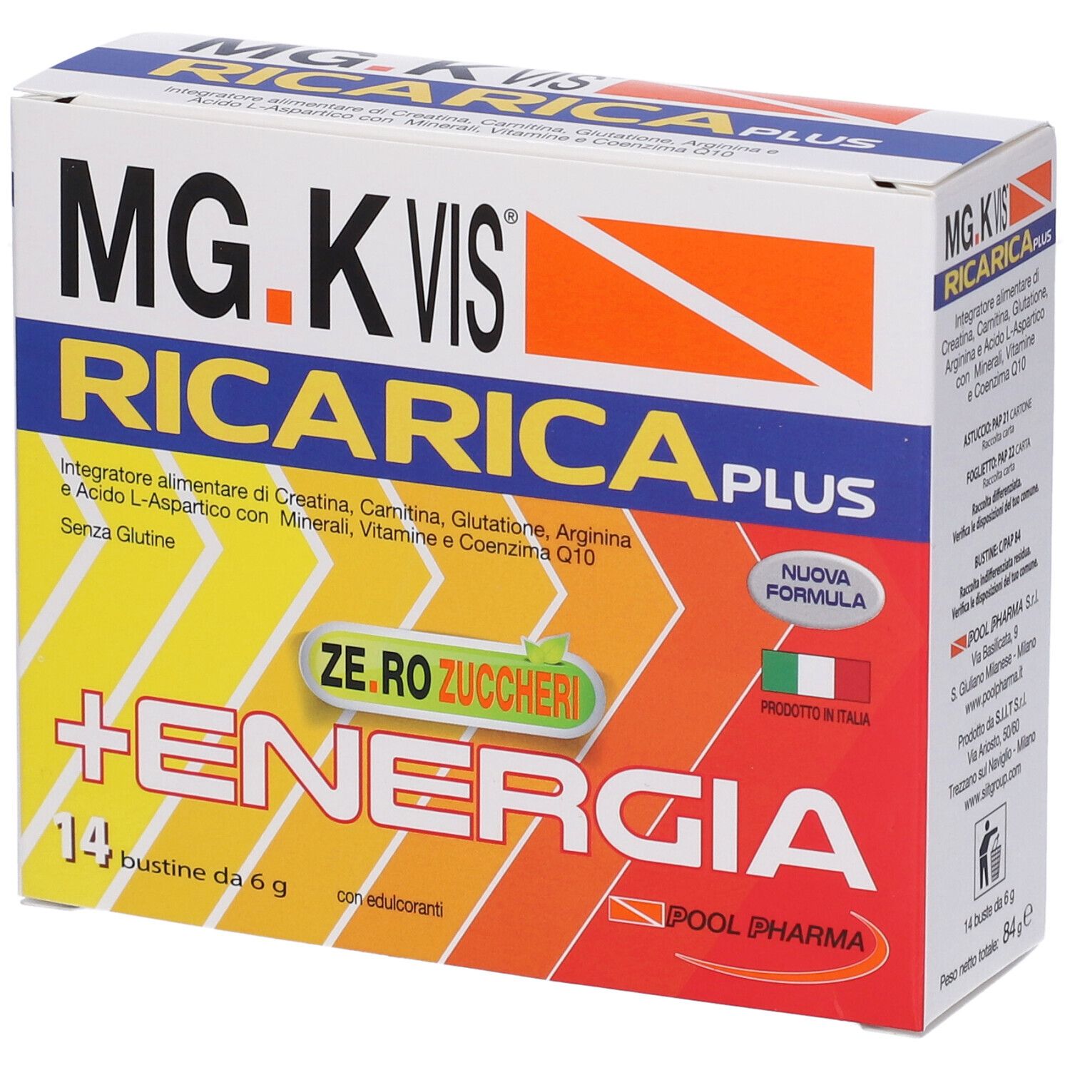 Confezione di MG.K VIS® RICARICA PLUS. Contiene 14 bustine. Giallo, arancione e bianco.