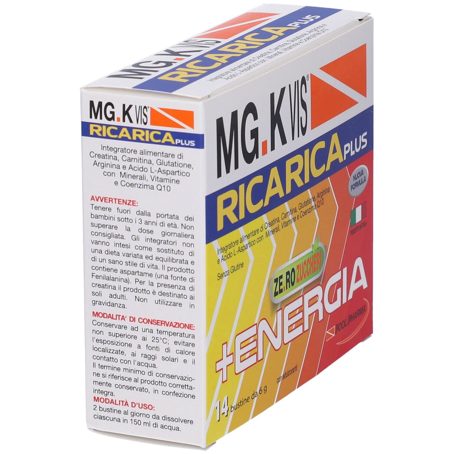 Confezione di MG.K VIS® RICARICA PLUS. Contiene 14 bustine. Giallo, arancione e bianco.