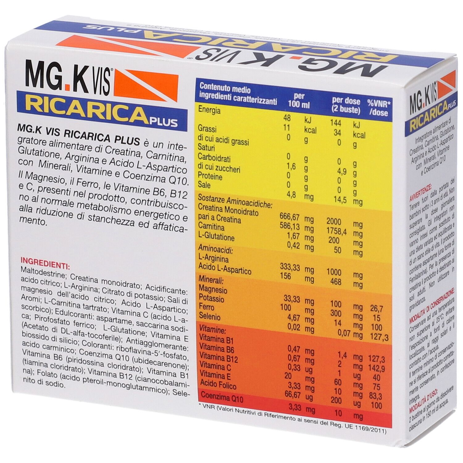 Retro della confezione di MG.K VIS® RICARICA PLUS. Contiene informazioni nutrizionali.