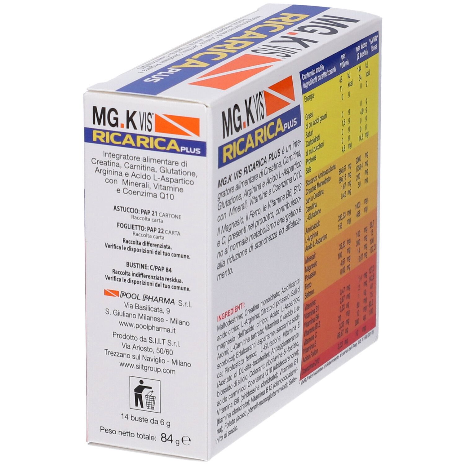 Confezione di MG.K VIS® RICARICA PLUS. Contiene 14 bustine. Giallo, arancione e bianco.