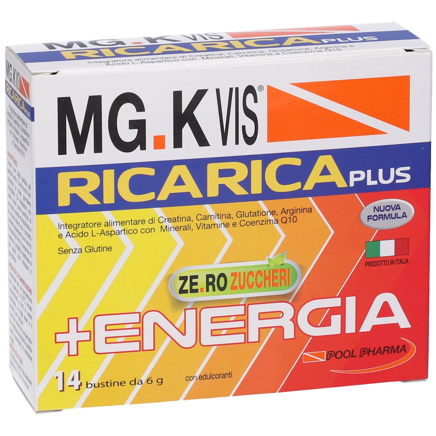 Confezione di MG.K VIS® RICARICA PLUS. Contiene 14 bustine. Giallo, arancione e bianco.
