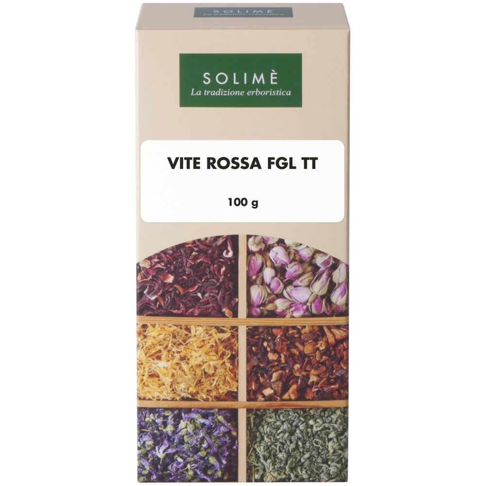 Scatola con logo SOLIMÈ e scritta VITE ROSSA FGL TT 100 g. Sei scomparti con erbe.