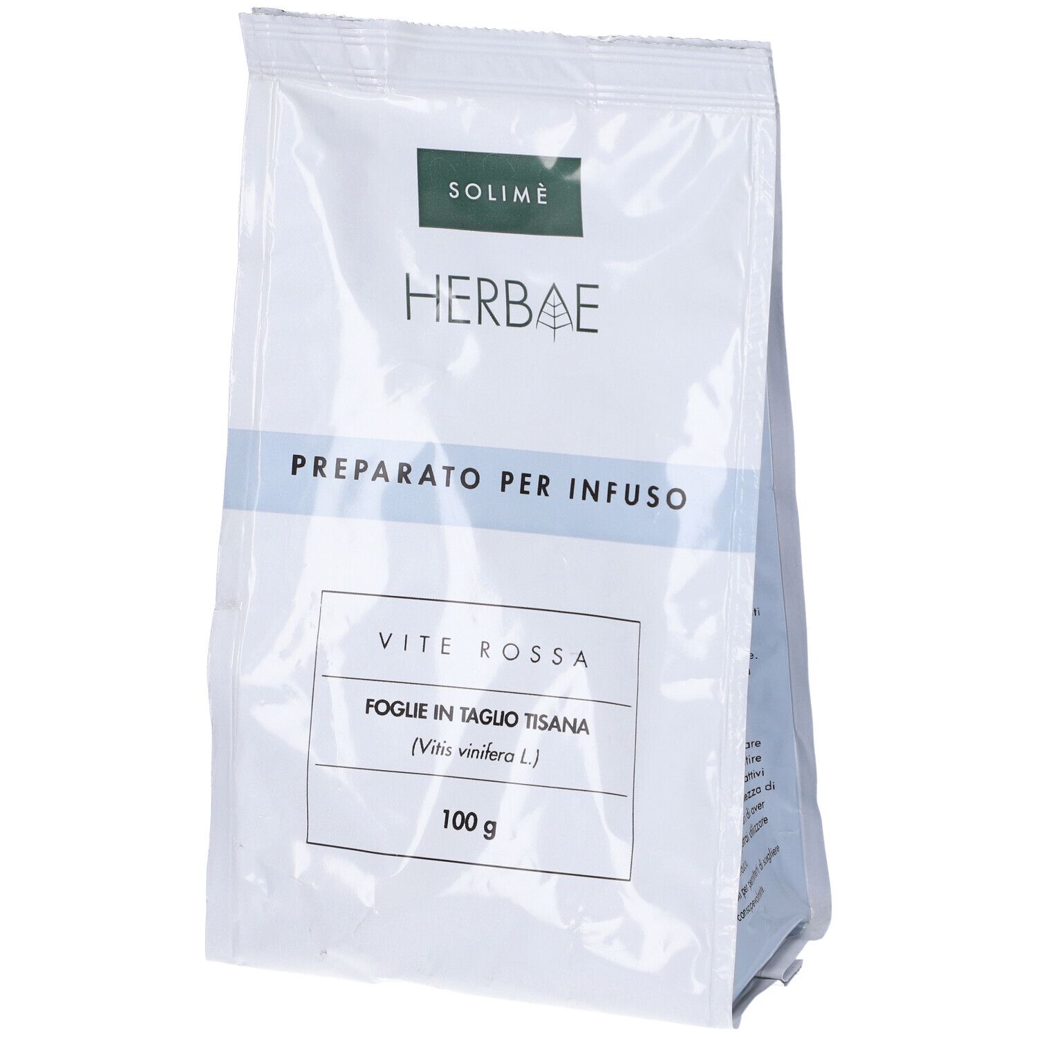 Busta con SOLIMÈ HERBAE, PREPARATO PER INFUSO, VITE ROSSA, FOGLIE IN TAGLIO TISANA, 100 g.