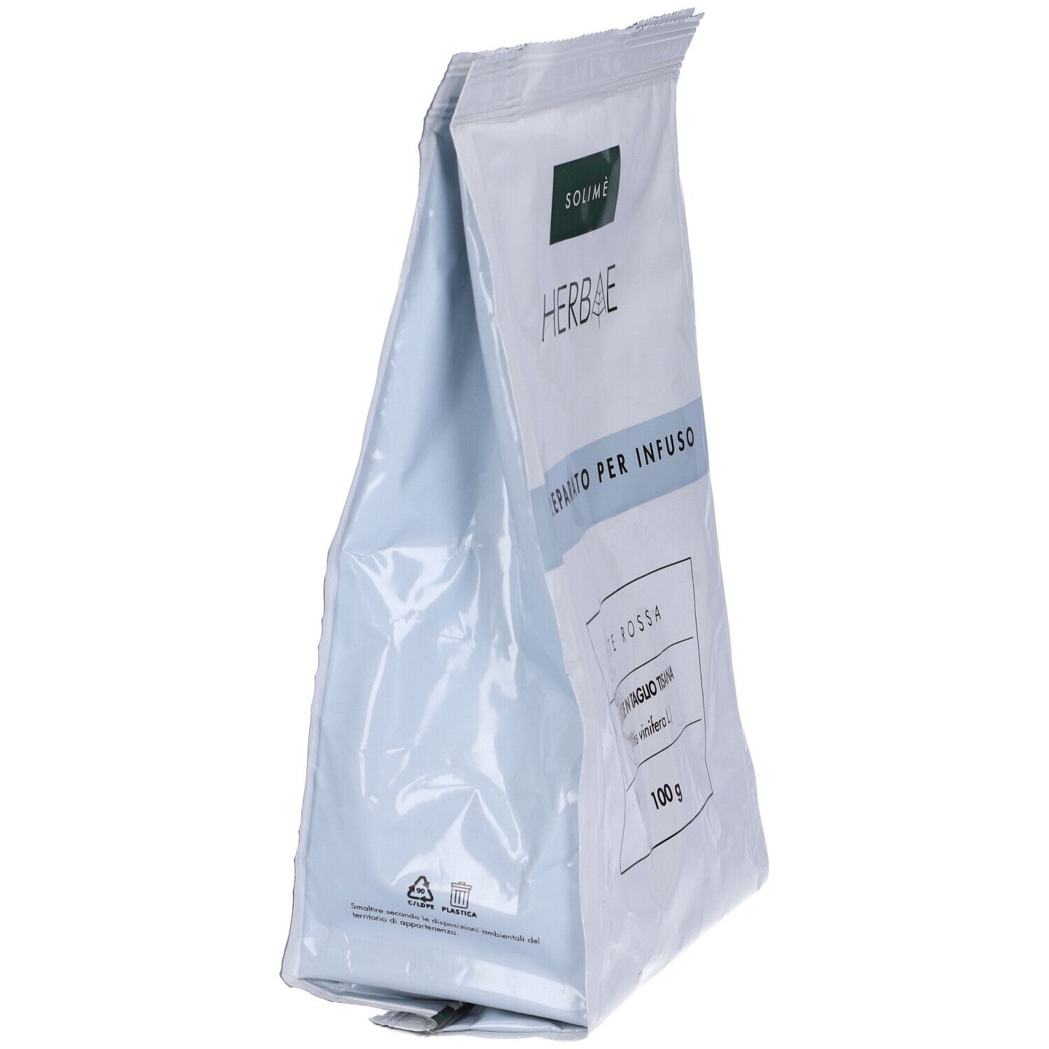 Busta bianca con SOLIMÈ HERBAE, PREPARATO PER INFUSO, VITE ROSSA, FOGLIE IN TAGLIO TISANA, 100 g.
